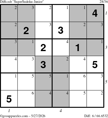The grouppuzzles.com Difficult SuperSudoku-Junior puzzle for Wednesday May 27, 2026 with all 6 steps marked