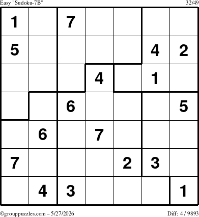 The grouppuzzles.com Easy Sudoku-7B puzzle for Wednesday May 27, 2026