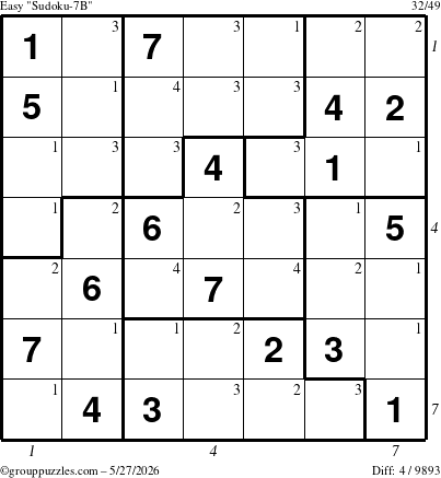 The grouppuzzles.com Easy Sudoku-7B puzzle for Wednesday May 27, 2026 with all 4 steps marked