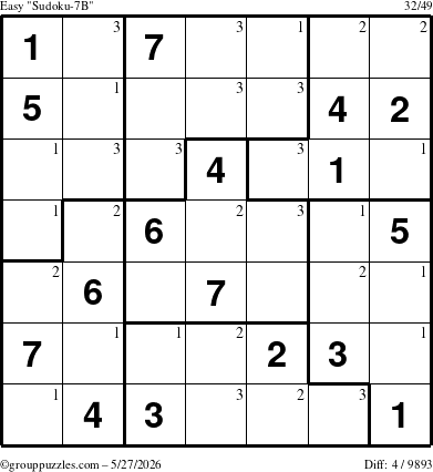 The grouppuzzles.com Easy Sudoku-7B puzzle for Wednesday May 27, 2026 with the first 3 steps marked