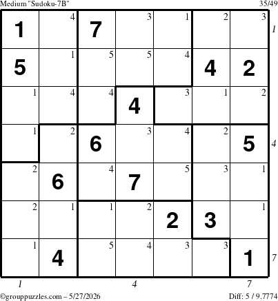The grouppuzzles.com Medium Sudoku-7B puzzle for Wednesday May 27, 2026, suitable for printing, with all 5 steps marked
