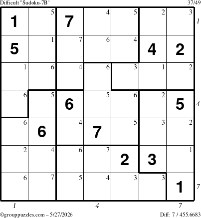 The grouppuzzles.com Difficult Sudoku-7B puzzle for Wednesday May 27, 2026 with all 7 steps marked