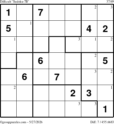 The grouppuzzles.com Difficult Sudoku-7B puzzle for Wednesday May 27, 2026 with the first 3 steps marked