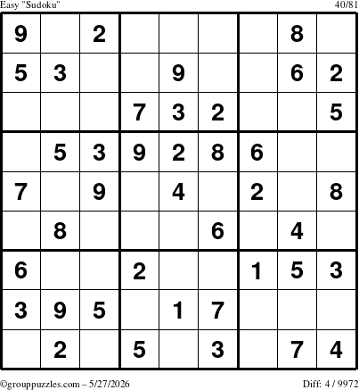 The grouppuzzles.com Easy Sudoku puzzle for Wednesday May 27, 2026