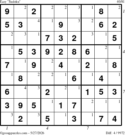 The grouppuzzles.com Easy Sudoku puzzle for Wednesday May 27, 2026, suitable for printing, with all 4 steps marked