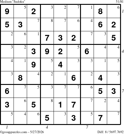 The grouppuzzles.com Medium Sudoku puzzle for Wednesday May 27, 2026, suitable for printing, with all 8 steps marked