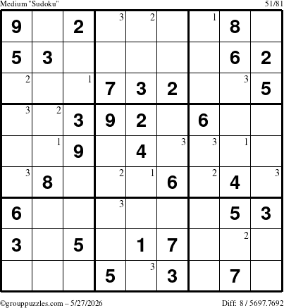 The grouppuzzles.com Medium Sudoku puzzle for Wednesday May 27, 2026 with the first 3 steps marked
