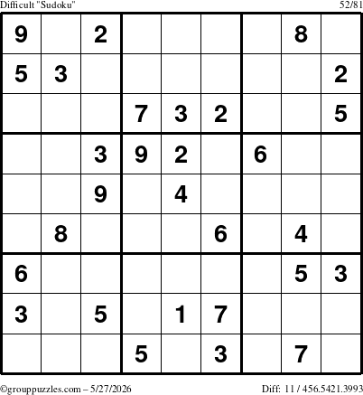 The grouppuzzles.com Difficult Sudoku puzzle for Wednesday May 27, 2026