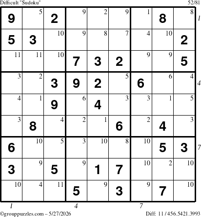 The grouppuzzles.com Difficult Sudoku puzzle for Wednesday May 27, 2026 with all 11 steps marked