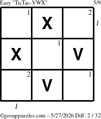 The grouppuzzles.com Easy TicTac-VWX puzzle for Wednesday May 27, 2026 with all 2 steps marked