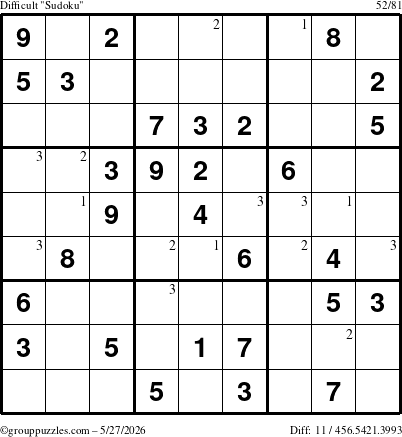 The grouppuzzles.com Difficult Sudoku puzzle for Wednesday May 27, 2026 with the first 3 steps marked