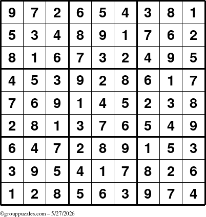 The grouppuzzles.com Answer grid for the Sudoku puzzle for Wednesday May 27, 2026