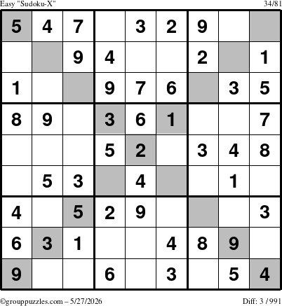The grouppuzzles.com Easy Sudoku-X puzzle for Wednesday May 27, 2026