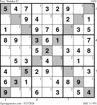 The grouppuzzles.com Easy Sudoku-X puzzle for Wednesday May 27, 2026 with all 3 steps marked