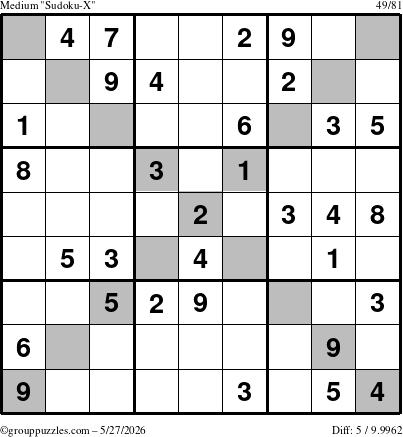 The grouppuzzles.com Medium Sudoku-X puzzle for Wednesday May 27, 2026
