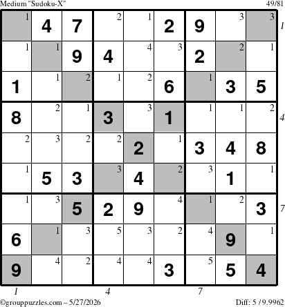 The grouppuzzles.com Medium Sudoku-X puzzle for Wednesday May 27, 2026 with all 5 steps marked