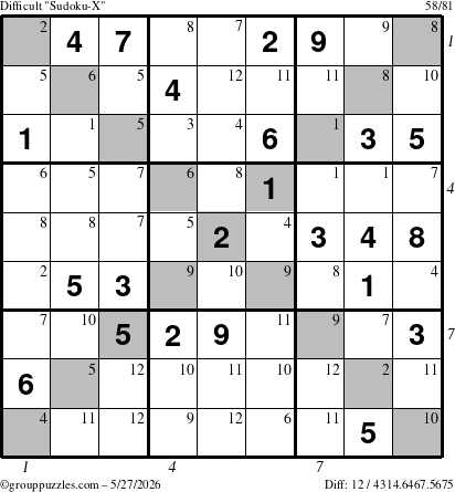 The grouppuzzles.com Difficult Sudoku-X puzzle for Wednesday May 27, 2026 with all 12 steps marked