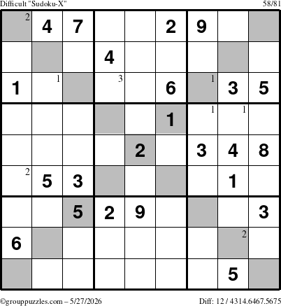 The grouppuzzles.com Difficult Sudoku-X puzzle for Wednesday May 27, 2026 with the first 3 steps marked