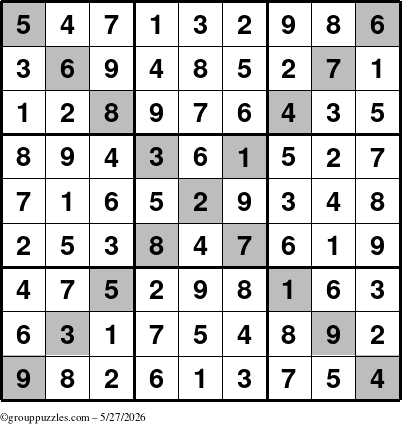 The grouppuzzles.com Answer grid for the Sudoku-X puzzle for Wednesday May 27, 2026