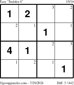 The grouppuzzles.com Easy Sudoku-4 puzzle for Saturday July 20, 2024 with the first 3 steps marked