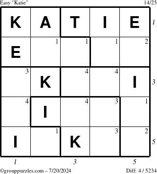 The grouppuzzles.com Easy Katie puzzle for Saturday July 20, 2024 with all 4 steps marked