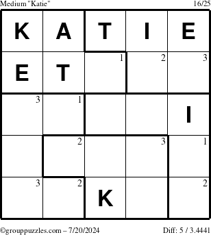 The grouppuzzles.com Medium Katie puzzle for Saturday July 20, 2024 with the first 3 steps marked