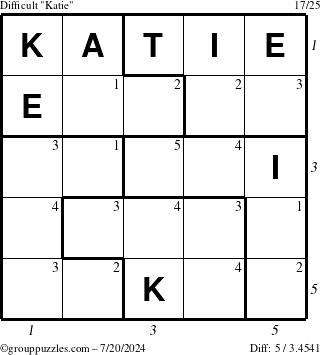 The grouppuzzles.com Difficult Katie puzzle for Saturday July 20, 2024 with all 5 steps marked