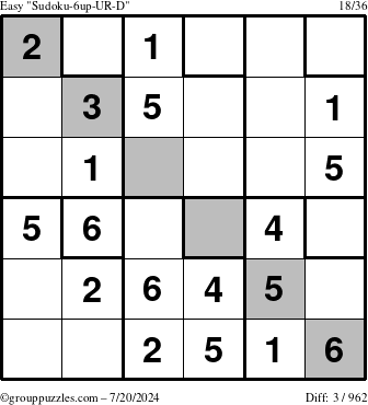 The grouppuzzles.com Easy Sudoku-6up-UR-D puzzle for Saturday July 20, 2024