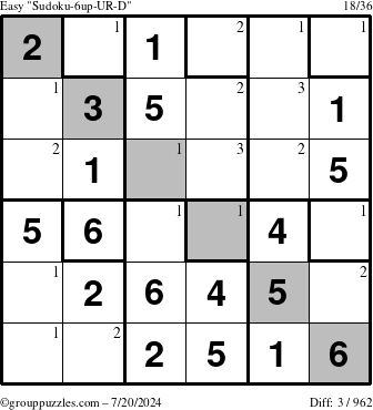 The grouppuzzles.com Easy Sudoku-6up-UR-D puzzle for Saturday July 20, 2024 with the first 3 steps marked