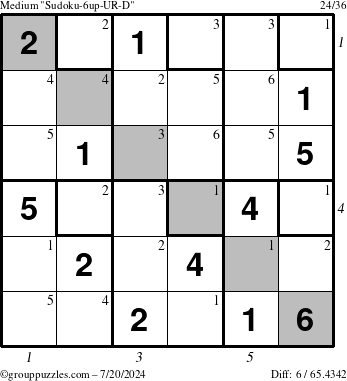 The grouppuzzles.com Medium Sudoku-6up-UR-D puzzle for Saturday July 20, 2024, suitable for printing, with all 6 steps marked