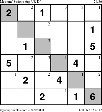 The grouppuzzles.com Medium Sudoku-6up-UR-D puzzle for Saturday July 20, 2024 with the first 3 steps marked