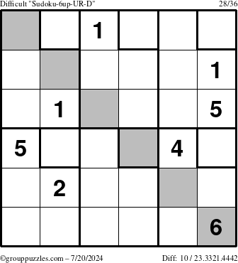 The grouppuzzles.com Difficult Sudoku-6up-UR-D puzzle for Saturday July 20, 2024