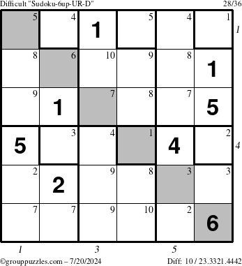 The grouppuzzles.com Difficult Sudoku-6up-UR-D puzzle for Saturday July 20, 2024 with all 10 steps marked