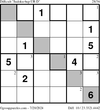 The grouppuzzles.com Difficult Sudoku-6up-UR-D puzzle for Saturday July 20, 2024 with the first 3 steps marked