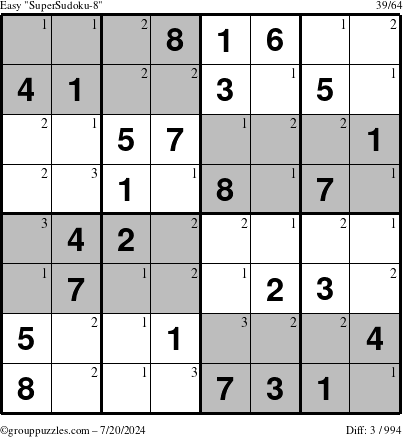 The grouppuzzles.com Easy SuperSudoku-8 puzzle for Saturday July 20, 2024 with the first 3 steps marked