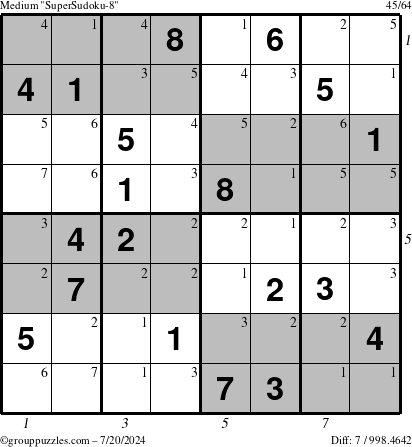 The grouppuzzles.com Medium SuperSudoku-8 puzzle for Saturday July 20, 2024 with all 7 steps marked