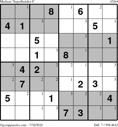 The grouppuzzles.com Medium SuperSudoku-8 puzzle for Saturday July 20, 2024 with the first 3 steps marked