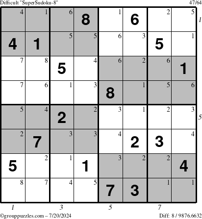 The grouppuzzles.com Difficult SuperSudoku-8 puzzle for Saturday July 20, 2024 with all 8 steps marked