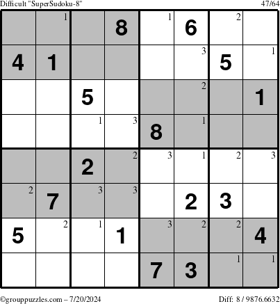 The grouppuzzles.com Difficult SuperSudoku-8 puzzle for Saturday July 20, 2024 with the first 3 steps marked