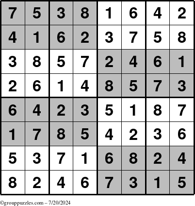 The grouppuzzles.com Answer grid for the SuperSudoku-8 puzzle for Saturday July 20, 2024