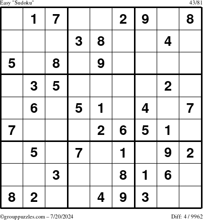 The grouppuzzles.com Easy Sudoku puzzle for Saturday July 20, 2024