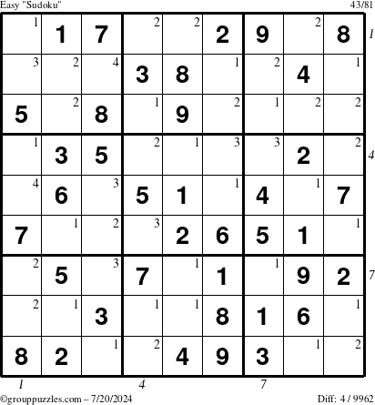 The grouppuzzles.com Easy Sudoku puzzle for Saturday July 20, 2024 with all 4 steps marked