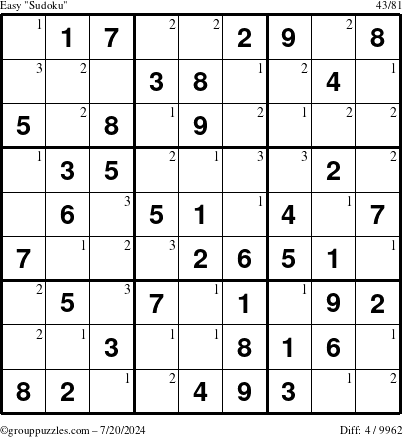 The grouppuzzles.com Easy Sudoku puzzle for Saturday July 20, 2024 with the first 3 steps marked