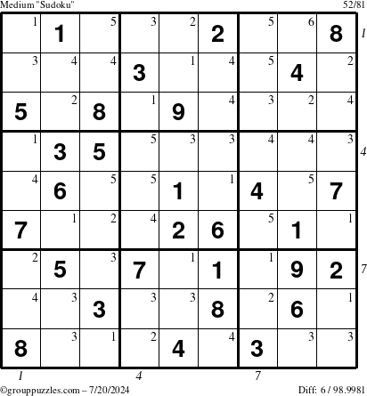 The grouppuzzles.com Medium Sudoku puzzle for Saturday July 20, 2024 with all 6 steps marked