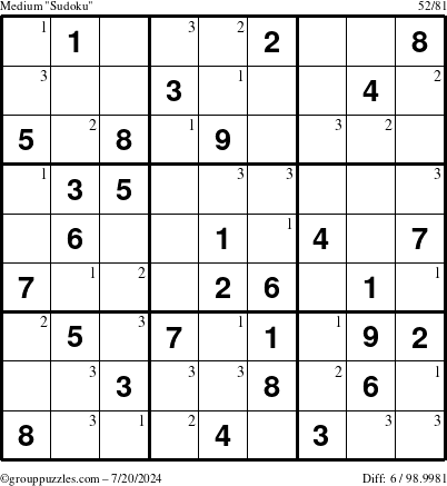 The grouppuzzles.com Medium Sudoku puzzle for Saturday July 20, 2024 with the first 3 steps marked