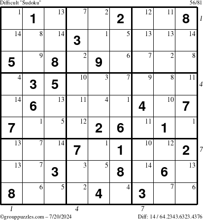 The grouppuzzles.com Difficult Sudoku puzzle for Saturday July 20, 2024 with all 14 steps marked