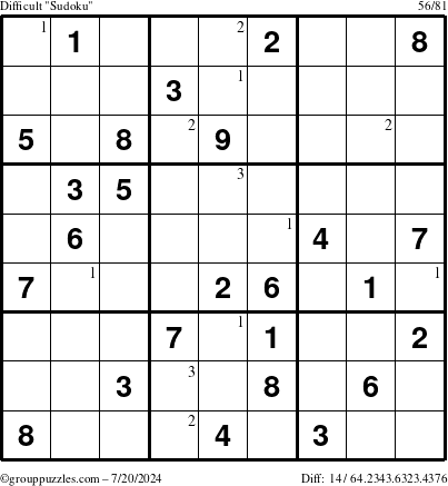 The grouppuzzles.com Difficult Sudoku puzzle for Saturday July 20, 2024 with the first 3 steps marked