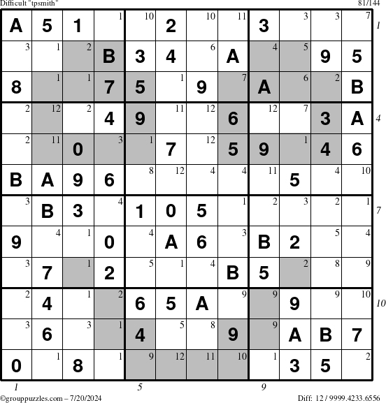 The grouppuzzles.com Difficult tpsmith puzzle for Saturday July 20, 2024 with all 12 steps marked