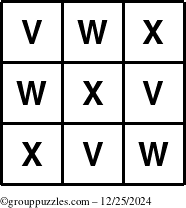 The grouppuzzles.com Answer grid for the TicTac-VWX puzzle for Wednesday December 25, 2024