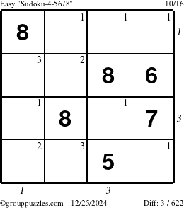 The grouppuzzles.com Easy Sudoku-4-5678 puzzle for Wednesday December 25, 2024, suitable for printing, with all 3 steps marked